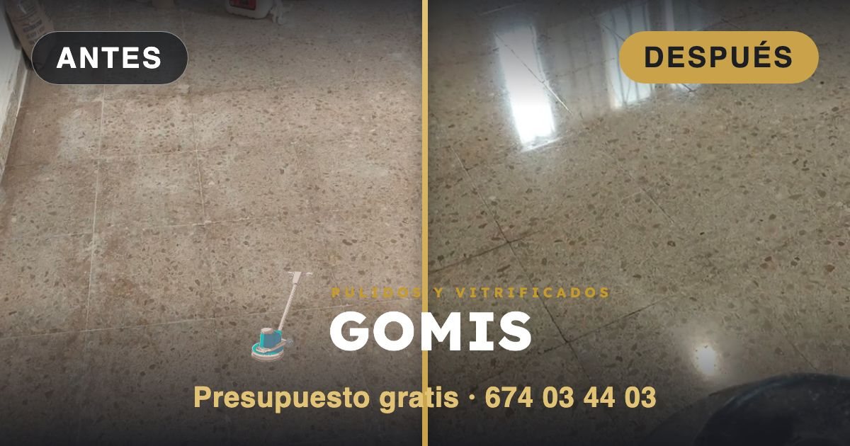 Before and after of a terrazzo floor polished and vitrified by GOMIS